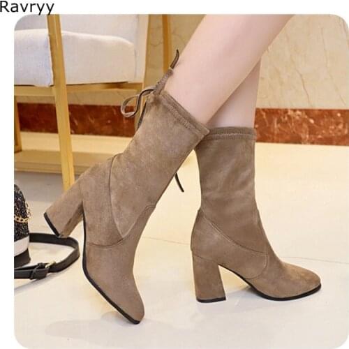 Womans short boots brown suede leather autumn winter fashion concise girls ankle boot thick heel slip-on female shoes