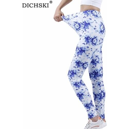 DICHSKI Top Sale Drop Shipping Fitness Leggings Push Up Tights Women Sport Pants High Waist White Blue Floral Workout Clothes