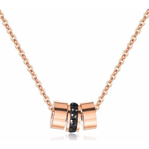 Fashion Rose Gold Color Love Tricycli Circle Hoop Black Crystal Pendant Necklace Stainless Steel Women Party Christmas Gift
