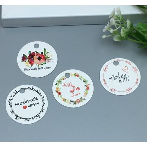 100 pcs white / brown variety of design round card DIY handmade wedding notes label flowers / cake / chocolate decorative card