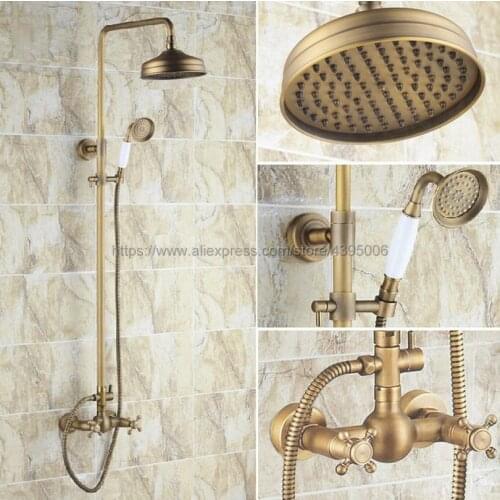 Antique Brass Wall Mounted Shower Set Faucet Dual Handle with Hand Sprayer Bathroom Shower Mixers 8" Rainfall Brs107