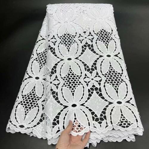 White African Cord Lace Fabric With Sequins Nigerian Lace Fabric 5 Yards/pcs Milk Silk Lace Water Soluble Lace For Wedding Party