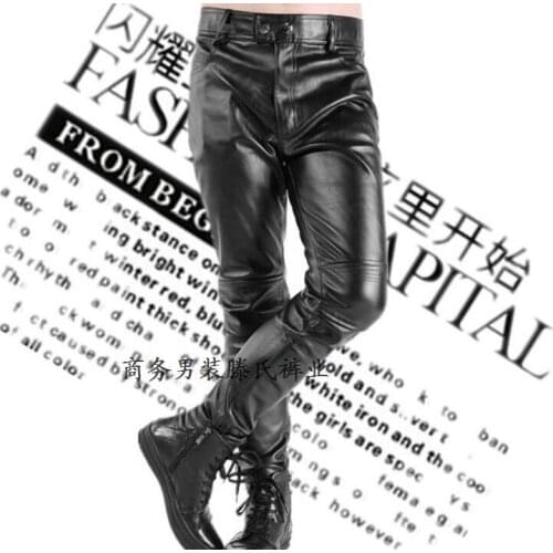 Black faux leather pants mens feet pants fashion splice motorcycle tight pu trousers for men personality pantalon homme