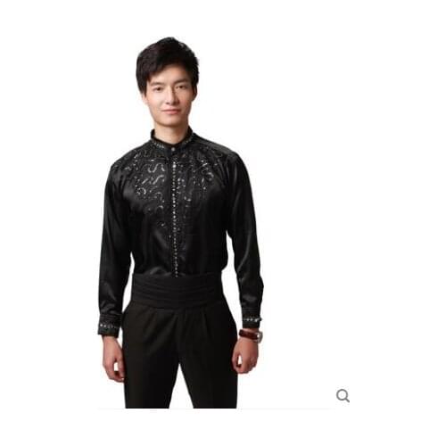 Black fashion slim shirt men long sleeve shirt teenage korean Sequins shirt mens personality stage singer dance stand collar