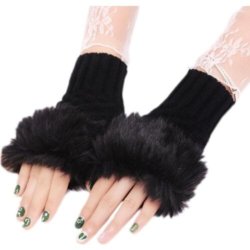 Women Winter Fluffy Plush Cuff Half Finger Gloves Knit Warm Fingerless Mittens H9ED
