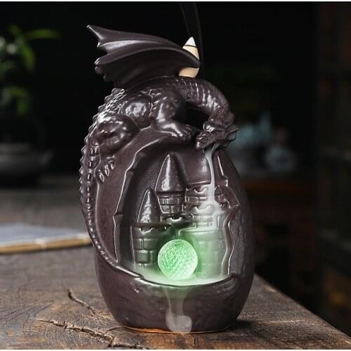 Ceramic Dragon Crafts Desktop Incense Holder Handmade Decor Backflow Incense Burner Smoke Waterfall Ornament with 6-Color Change