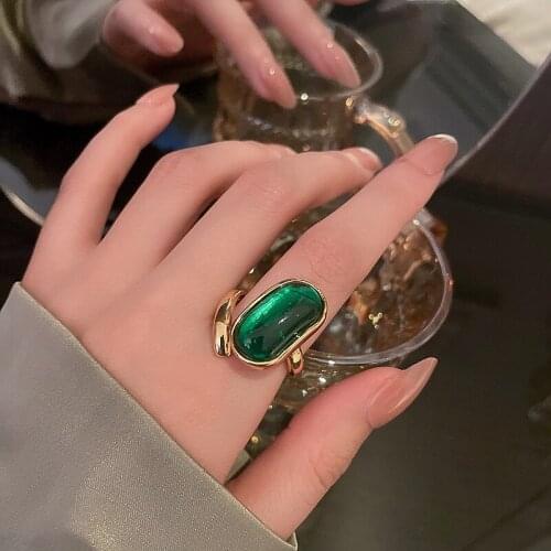 Korean Style Luxury Vintage Green Stone Rings for Women Open Design Adjustable Finger Rings 2021 New Trendy Jewelry
