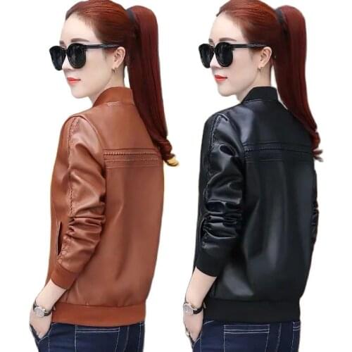 Leather Jacket Short Coat Women 2021 Spring Autumn New Slim Stand-UP Collar Baseball Uniform Plus Velvet Thick PU Outwear Female