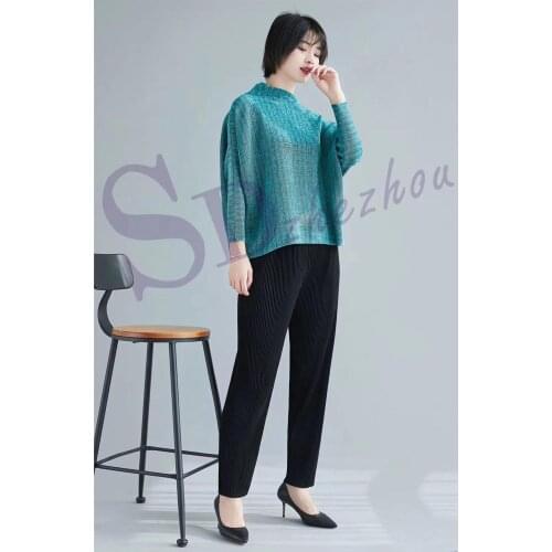 HOT SELLING Miyake fold fashion solid stand collar batwing sleeve T-shirt IN STOCK