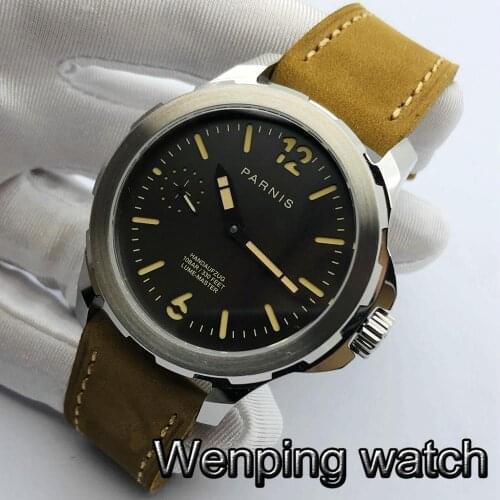Parnis 44mm Mens Top Casual Mechanical Watch Silver Case Sapphire Crystal Black Dial Luminous Hand-Winding Wristwatch