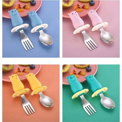 2-Piece Set Cute Cartoon Baby Training Spoon Fork Short Handle Silicone 316 Stainless Steel Baby Learning Feeding Tableware Set