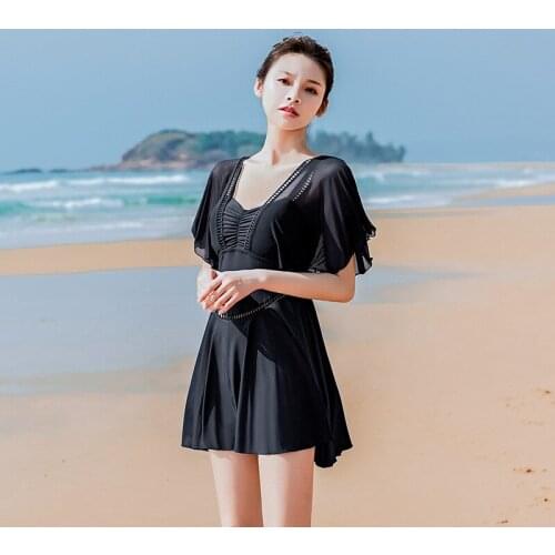 New Solid Color Hot Spring One-Piece Swimsuit Womens Thin Skirt Swimsuit Ladies Conservative Swimwear