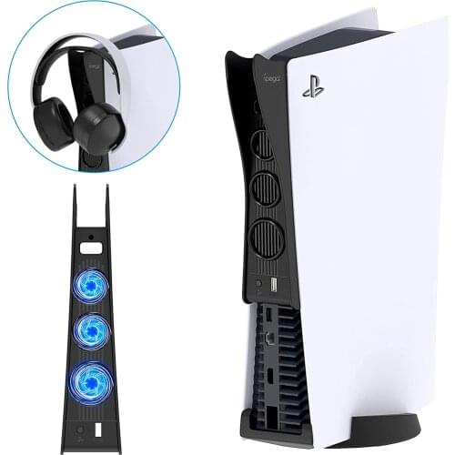 2-in-1 Cooling Fan with Headset Holder for PS5 Disc & Digital Edition Cooler Extra USB Port Wireless Gaming Headphone Hanger
