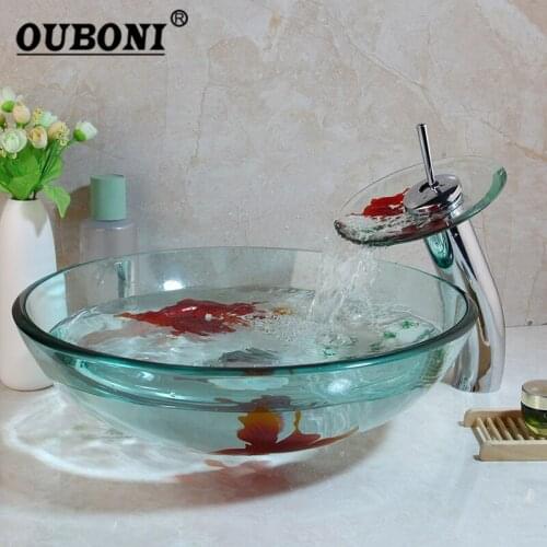 OUBONI Gold Finsh Art Hand Painting Tempered Bathroom Glass Vessel Sink & Chrome Waterfall Brass Faucet Combo Glass Sink Set