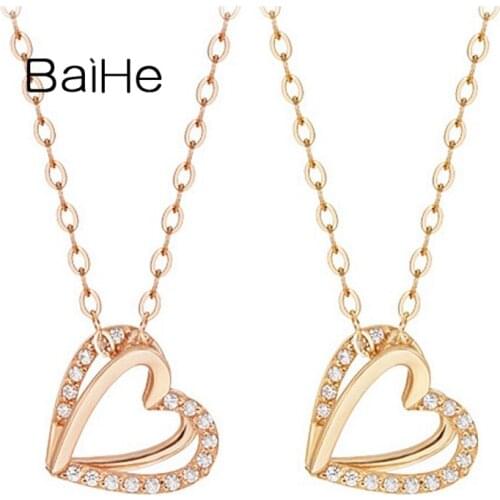BAIHE Solid 18K White/Yellow/Rose Gold Round 0.06ct Natural Diamond Fine Jewelry Wedding Heart Pendant Necklaces 2020 новинка