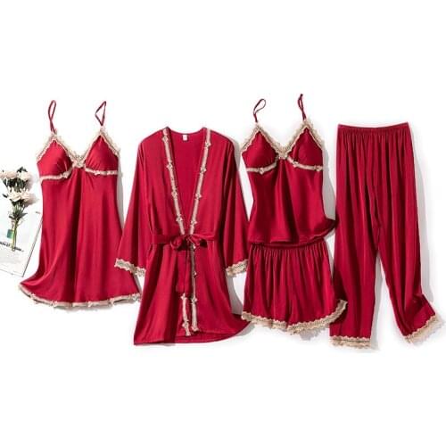 Lace Pajamas Satin 5PCS PJS Set Women Nightwear Sexy Kimono Bathrobe Gown V-Neck Sleepwear Summer Intimate Lingerie Loungewear