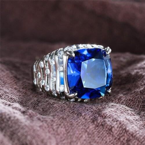 Luxury Female Male Geometric Square Green Stone Rings For Women Men Silver Color Big Crystal Wedding Engagement Ring Jewelry