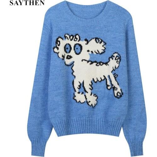 SAYTHEN New Designer Cartoon Dog Jacquard Sweater Knitted Casual Top Women Loose Cute O-Neck Sweet Pullover