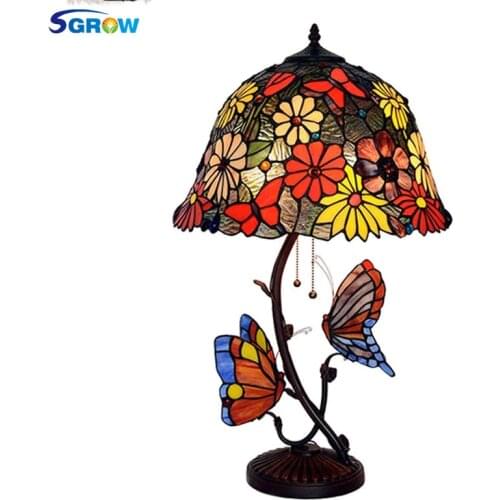 SGROW Tiffany Butterfly Table Lamp Retro Lights for Living Room Bedroom Study Room Lighting Fixtures Glass Desk Lights Lampara