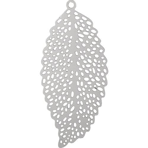DoreenBeads Stainless Steel Charm Pendants Leaf Silver Color Hollow 46mm(1 6/8") x 21mm( 7/8"), Thickness: 0.3mm, 10 PCs
