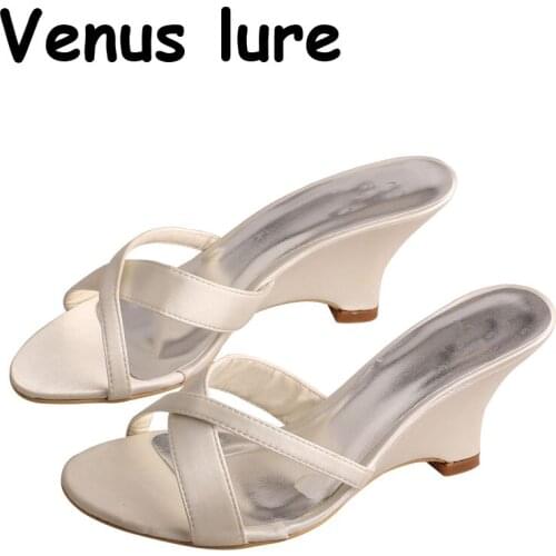 Wedopus Cream Shoes for Women Wedding Wedge Slippers Peep Toe in Summer