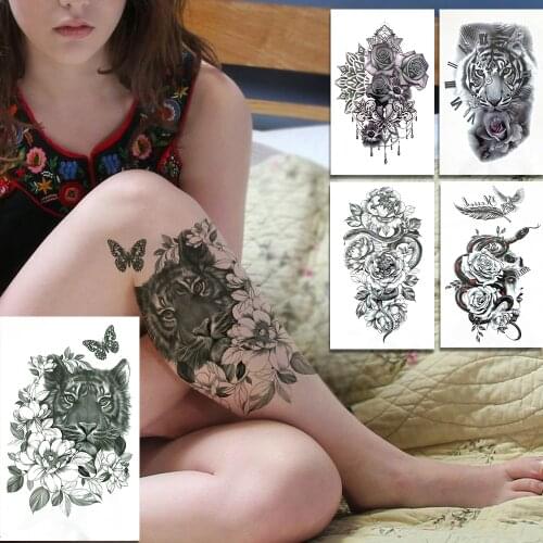 Tiger Daisy Fake Temporary Tattoos For Women Men Sexy Rose Flowers Tattoo Sticker Snake Death Skull Waterproof Tatoos Body Thigh
