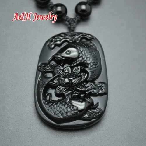 High Quality Fish Carved Black Obsidian Pendants With 18~24'' Adjustable Beads Sweater Chain Necklace 5pc/lot