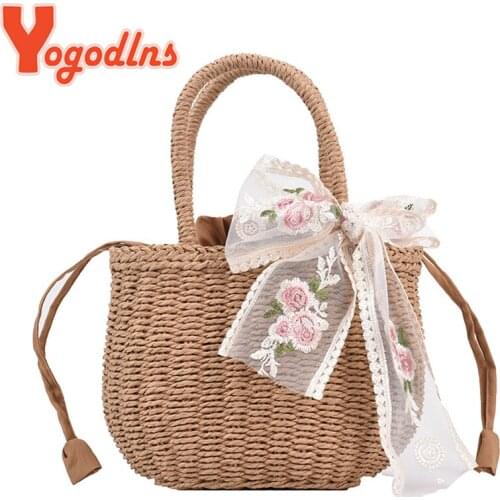 Yogodlns Summer New Lace Straw Handbag Female Large Capcacity Rattan Beach Bag Travel Vacation Bag Handmade Gilr Bucket Bag Tote