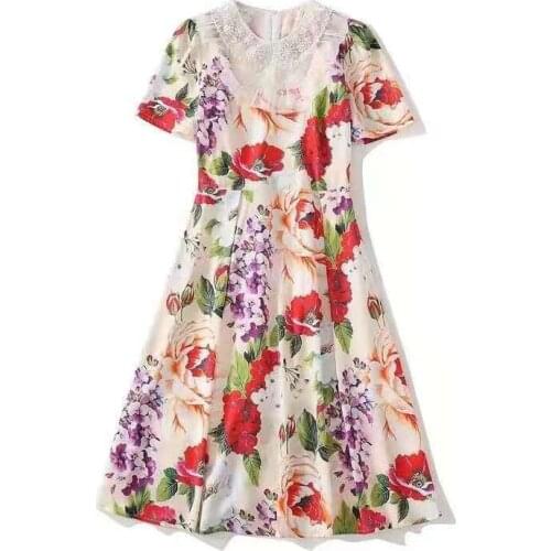 European and American womens wear for summer 2021 Short sleeved pegged beaded round neck Floral print Fashion dress