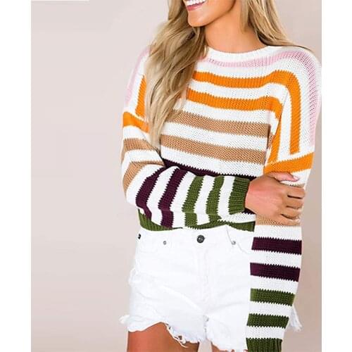 Ladies Streetwear Women Round Fashion Neck Long Sleeve Tops Sweater Autumn Winter Casual Striped Color Block Knitted Pullovers