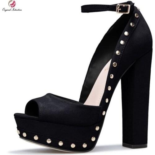 Original Intention Elegant Women Pumps Gorgeous Platform Peep Toe Square Heels Pumps Black Shoes Woman Plus Size 4-15