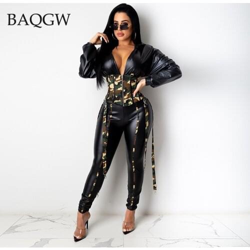 Women Camouflage.Corset Patchwork Winter Two Piece Set Crop Top Pocket PU Leather Pencil Pants Matching Set Casual Streetwear