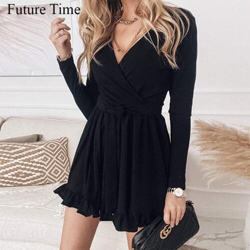 High Street A-line V-Neck Long Sleeves Pleated Dress Women Y2K Solid Mini Party Dresses Black Female sexy vestidos SS1201