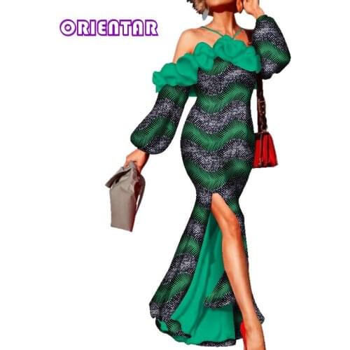 Fashion Maxi Dress for Women African Evening Party Dress Women Ruffled Slash Neck Long Split Dress African Print Dress WY5983