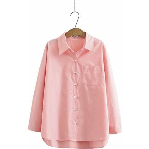 Plus size solid pink white brown cotton women loose Turn-down Collar shirts 2021 new spring autumn casual lady blouse female top