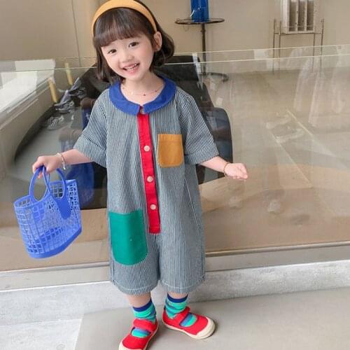 ChildrenS Romper Summer New Single-Breasted Shorts Girls Thin Loose Doll Collar Contrast Color Pocket Striped ChildrenS Pants
