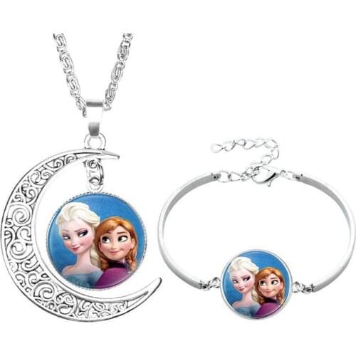 2pcs/lot Disney cartoon Frozen children necklace+Bracelet Elsa bow doll accessories girl birthday gift cosmetic sweater jewelry