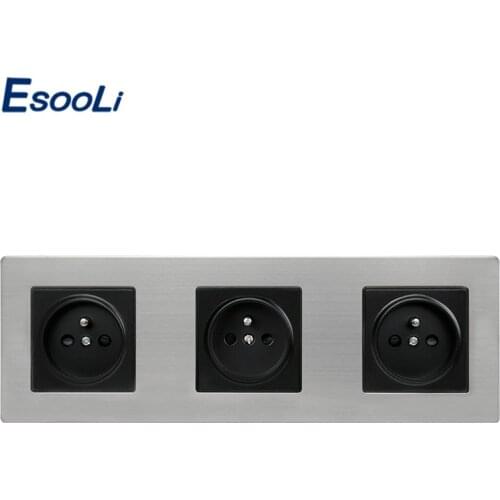Esooli French Standard Stainless Steel Panel Triple Wall Socket 16A Russia Spain Electrical Outlet Silver Black wall plug