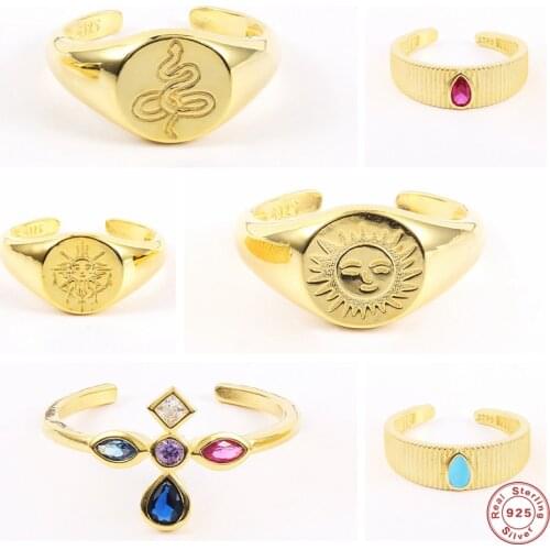 GS 925 Sterling Silver Round Thick Opening Rings For Women Sun Snake Portrait Pattern Zircon Cross Rings Rock Punk Jewelry