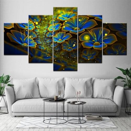 HD Printed Pictures Frame Canvas Wall Art 5 Pieces Abstract Glowing Blue Flowers For Living Room Home Decoration Painting Poster
