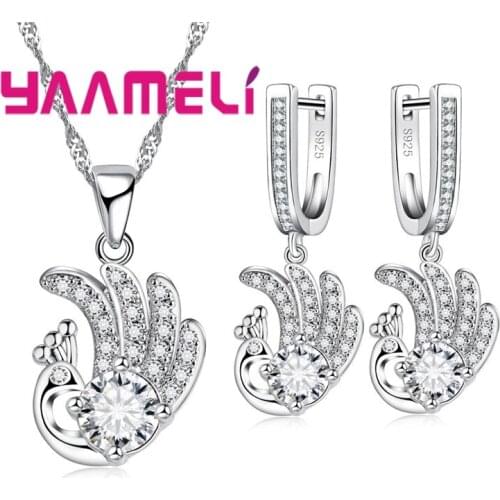 Lovely Elegant Animal Series Peacock Pendant Necklace Earring Set 925 Sterling Silver Jewelry Set For Women Wedding