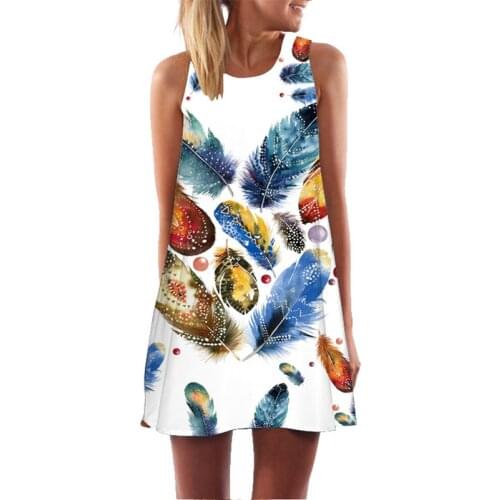 Fashion womens vest dress beautiful feather 3D printing summer Bohemian style off shoulder miniskirt womens casual skirt