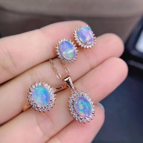 The Best Gift For your mother Opal Set Natural And Real Opal Jewelry set 925 sterling silver 1pc Ring,1pc Pendant,2pcs Earring