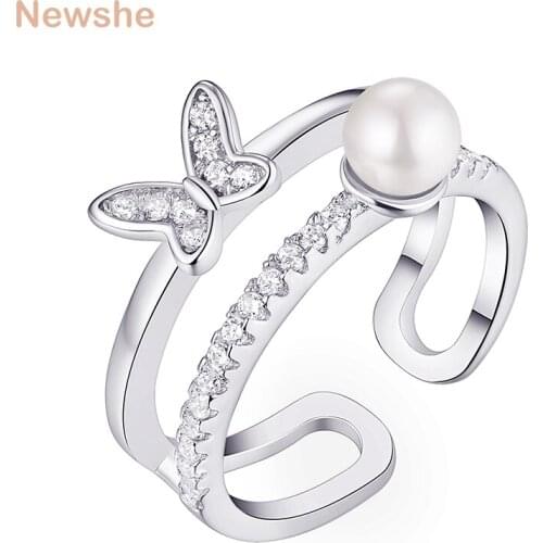 Newshe Adjustable Butterfly Pearl Rings For Women 925 Sterling Silver AAA Cubic Zircon Romantic Cute Party Cocktail Ring JR5890