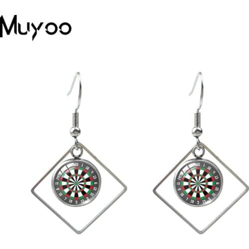 New Arrival Dart Board Target Patterns Glass Cabochon Rhombus Stainless Steel Earrings Dart Board Fish Hook Earrings