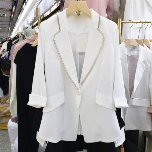 One Button Suit Coat for Women 2021 Spring Summer New Korean Style Rhinestone Chain Edge 3/4 Sleeve Slim Blazer Women