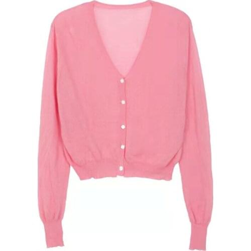 Pure color knitted cardigan spring and summer cardigan womens casual long-sleeved tops V-neck solid color ladies sweater jacket