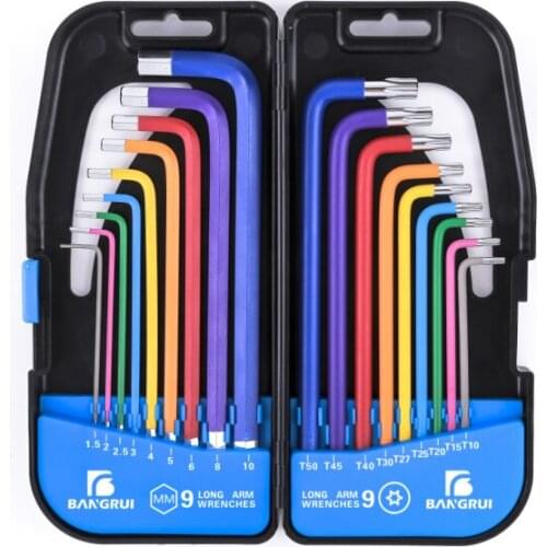 Plastic box with 18 sets of plastic-sprayed colorful hexagon wrenches, box wrenches