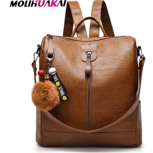 Hot Cute Pendant Women Leather Backpacks Female Mochila Sac A Dos Women Travel Backpack Vintage Back Pack Female Bagpack