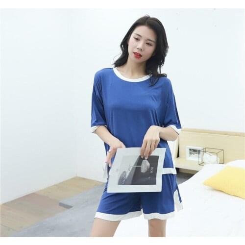 Blue pajamas spring and summer Modal round neck short sleeve casual shorts suit female two-piece suit home service пижама